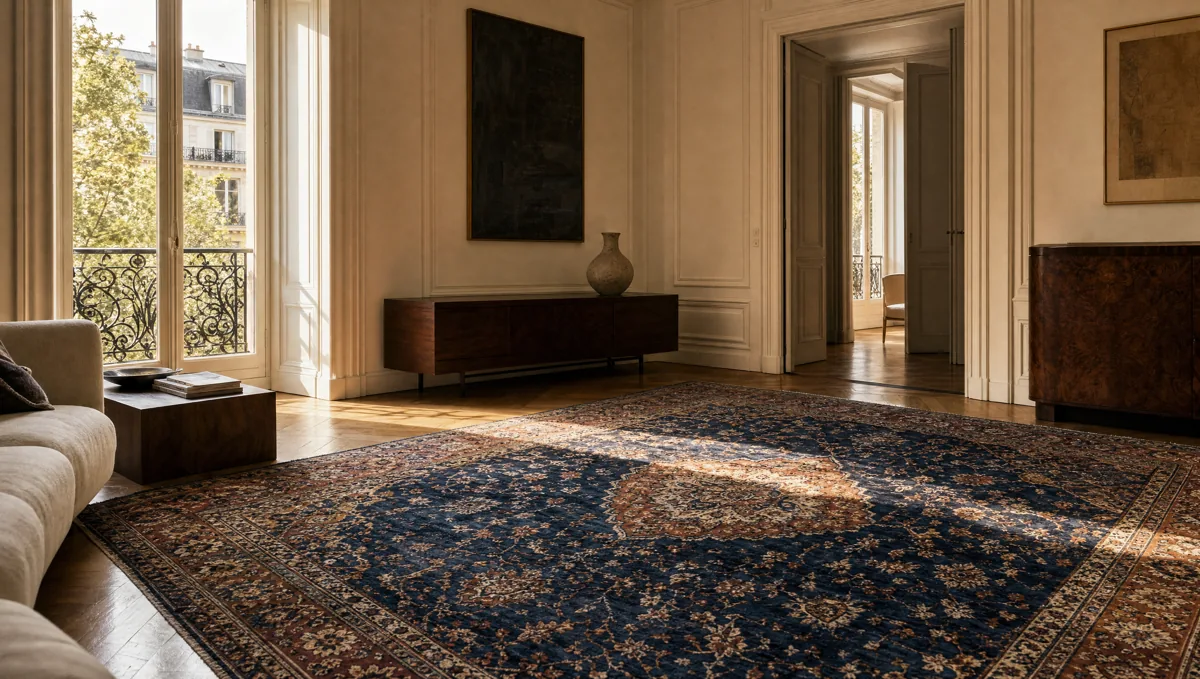 Intérieur d’inspiration avec un tapis indigo et cuivre