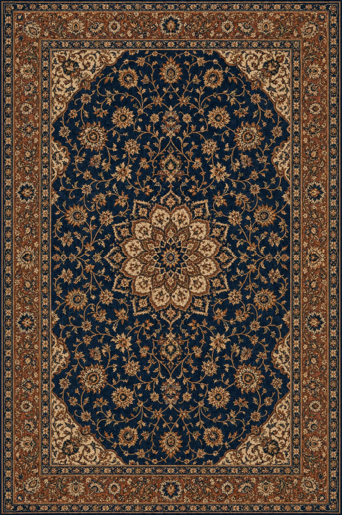 Tapis à médaillon indigo et cuivre — illustration interactive
